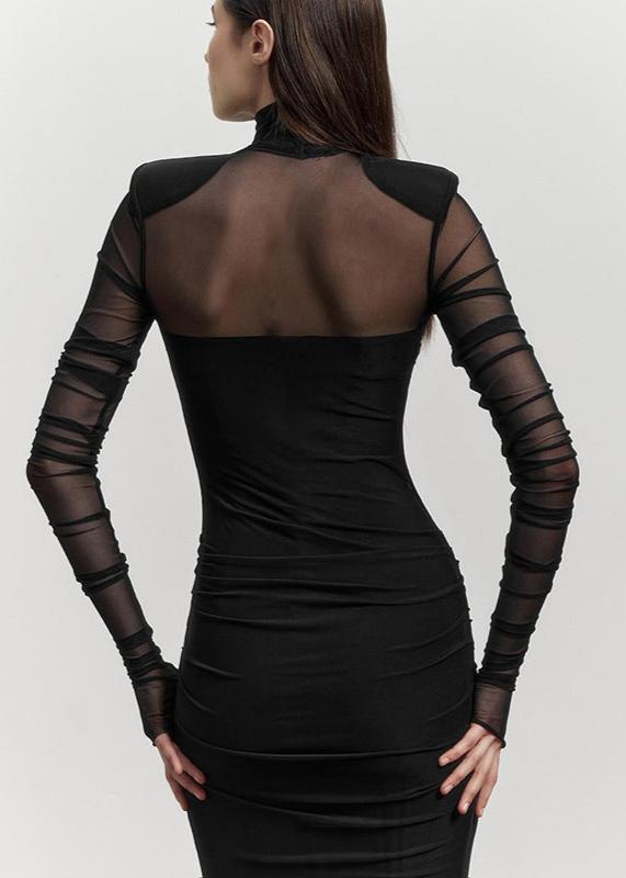 Mesh Stitching Finger Fit Design Long Sleeve Turtleneck Slim-fit Sheath Dress