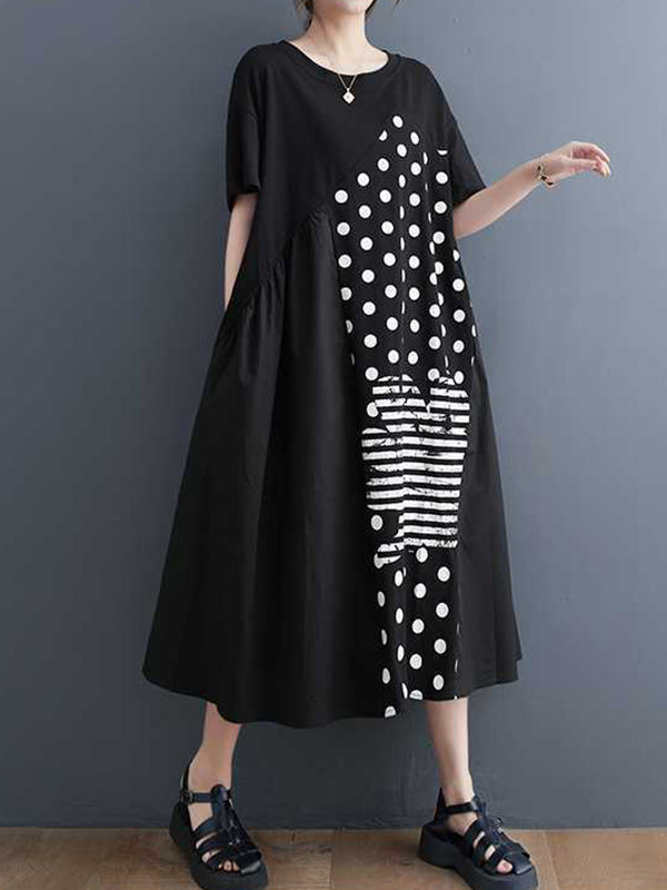 A-Line Loose Asymmetric Pockets Polka-Dot Split-Joint Round-Neck Midi Dresses