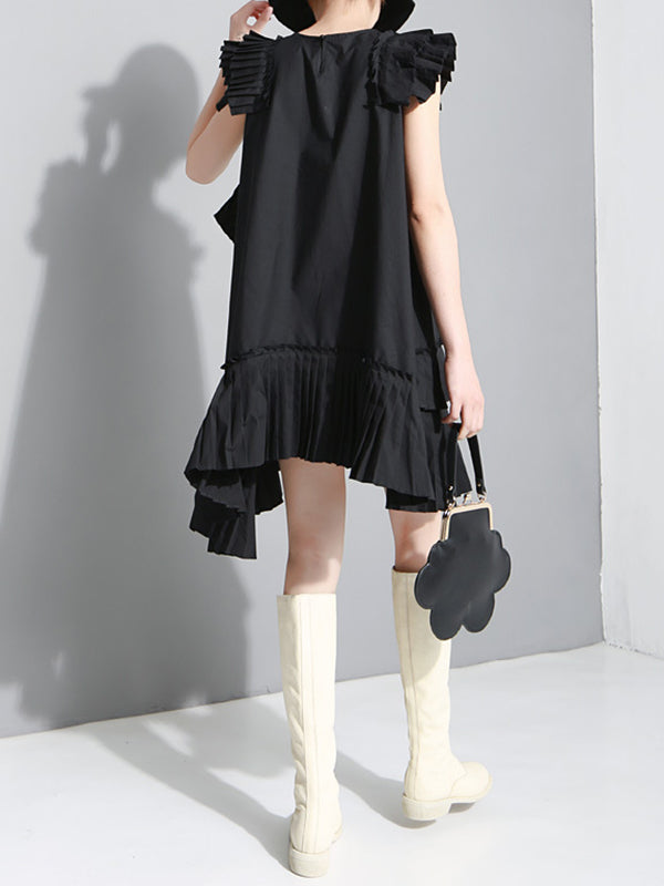 Flying Sleeves Loose Asymmetric Pleated Solid Color Split-Joint Round-Neck Midi Dresses