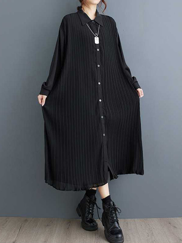 A-Line Long Sleeves Buttoned Pleated Pockets Split-Joint Lapel Midi Dresses Shirt Dress