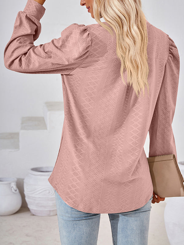 Long Sleeves Loose Jacquard Solid Color V-neck T-Shirts Tops