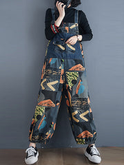 Original Cartoon Printed With Pocket Harem Denim Overalls