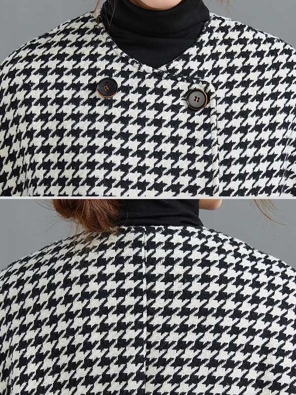 Loose Houndstooth Buttoned Round-Neck Long Sleeves Woolen Coat