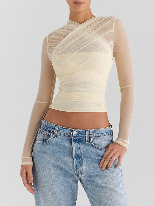 Long Sleeves Skinny Gauze Pleated See-Through Solid Color V-Neck T-Shirts