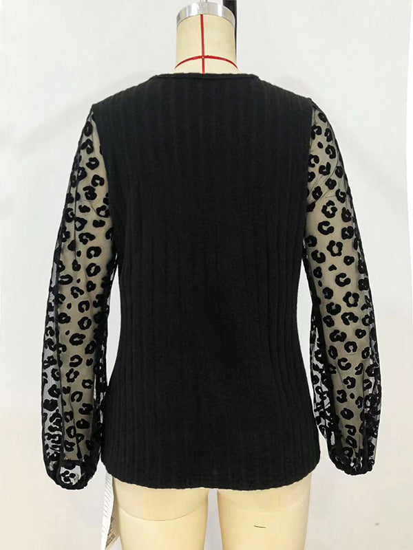 Long Sleeves Loose Elasticity Leopard Mesh Split-Joint V-Neck T-Shirts Tops