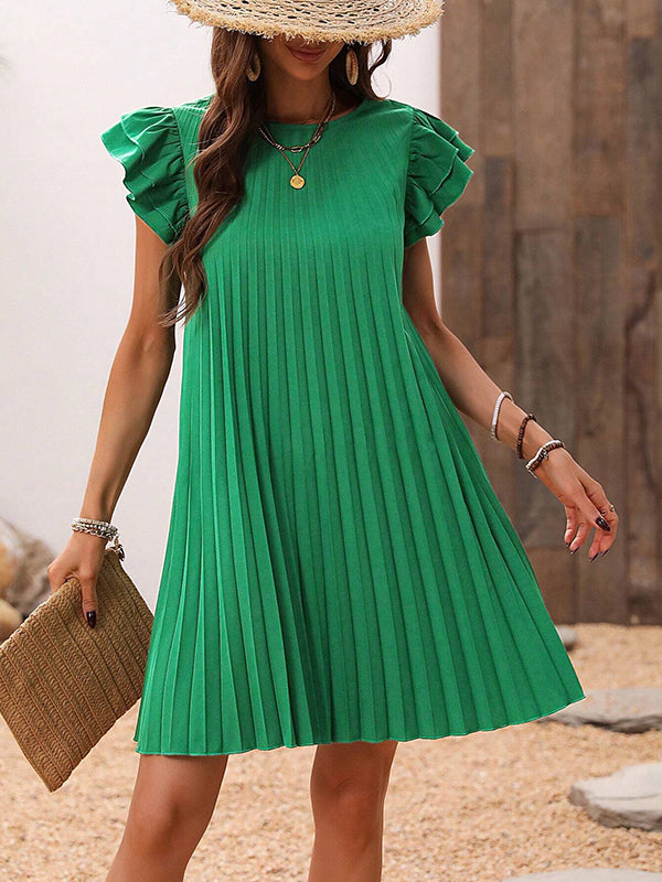 A-Line Loose Hollow Pleated Solid Color Split-Joint Round-Neck Mini Dresses