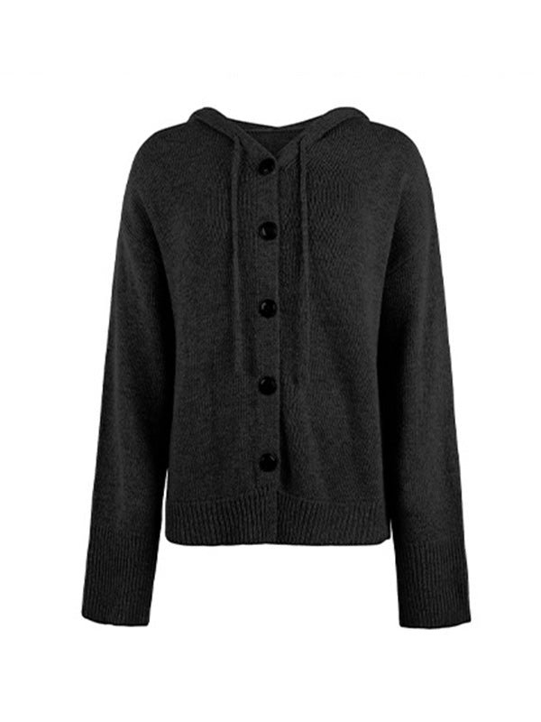 Simple Long Sleeves Loose Buttoned Solid Color Hooded Cardigan Coats