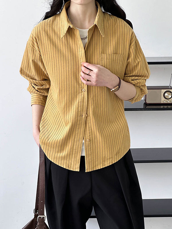 Long Sleeves Loose Buttoned Pockets Striped Lapel Blouses&Shirts Tops