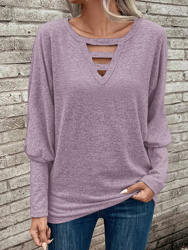 Long Sleeves Loose Hollow Solid Color Split-Joint V-Neck T-Shirts Tops