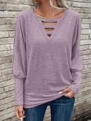 Long Sleeves Loose Hollow Solid Color Split-Joint V-Neck T-Shirts Tops