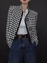 Stylish Long Sleeves Loose Houndstooth Stand Collar Jackets