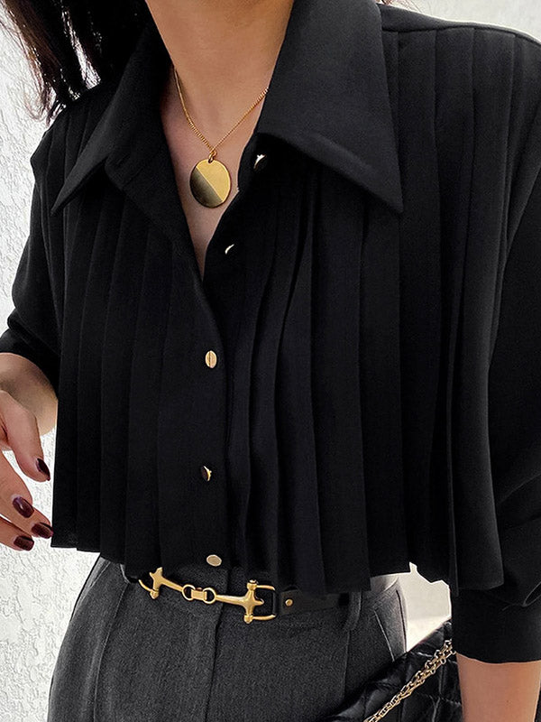 Long Sleeves Loose Pleated Split-Joint Lapel Blouses&Shirts Tops