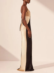 Satin Contrasting V-Neck Double Strap Maxi Dress