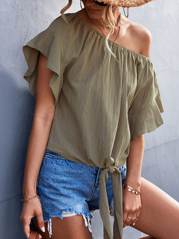 Loose Short Sleeves Elasticity Falbala Pleated Solid Color Tied Round-Neck T-Shirts Tops