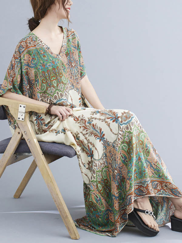 Vintage Floral Printed V-Neck Batwing Sleeves H-Line Maxi Dress