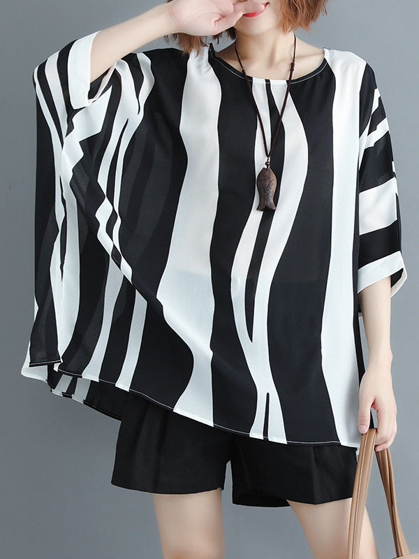 Original Chiffon Batwing Sleeves Striped Shirts Tops