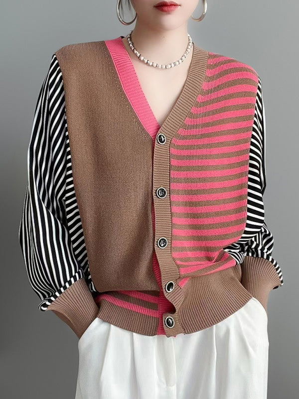 Long Sleeves Loose Buttoned Contrast Color Split-Joint Striped V-Neck Cardigan Tops Knitwear