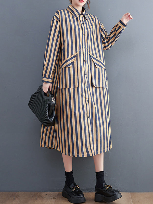 Original Loose Long Sleeves Buttoned Striped Lapel Collar Midi Shirt Dresses