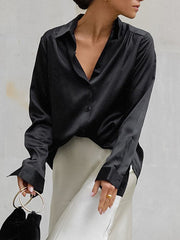 Long Sleeves Loose Solid Color Split-Joint Lapel Blouses