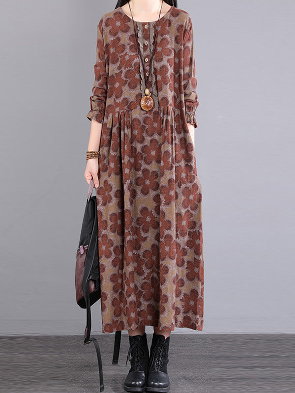 Casual Long Sleeves Loose Floral Printed Round-Neck Midi Dresses