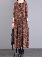 Casual Long Sleeves Loose Floral Printed Round-Neck Midi Dresses