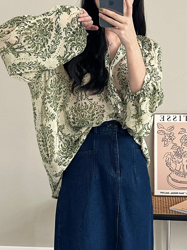 Loose Printed Sun Protection Balloon Sleeves V-Neck Blouses