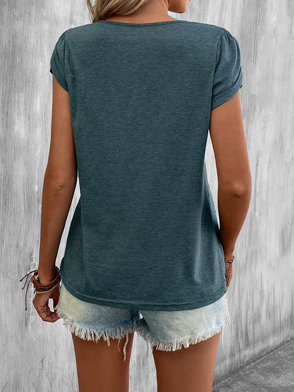 Loose Short Sleeves Solid Color V-Neck T-Shirts Tops