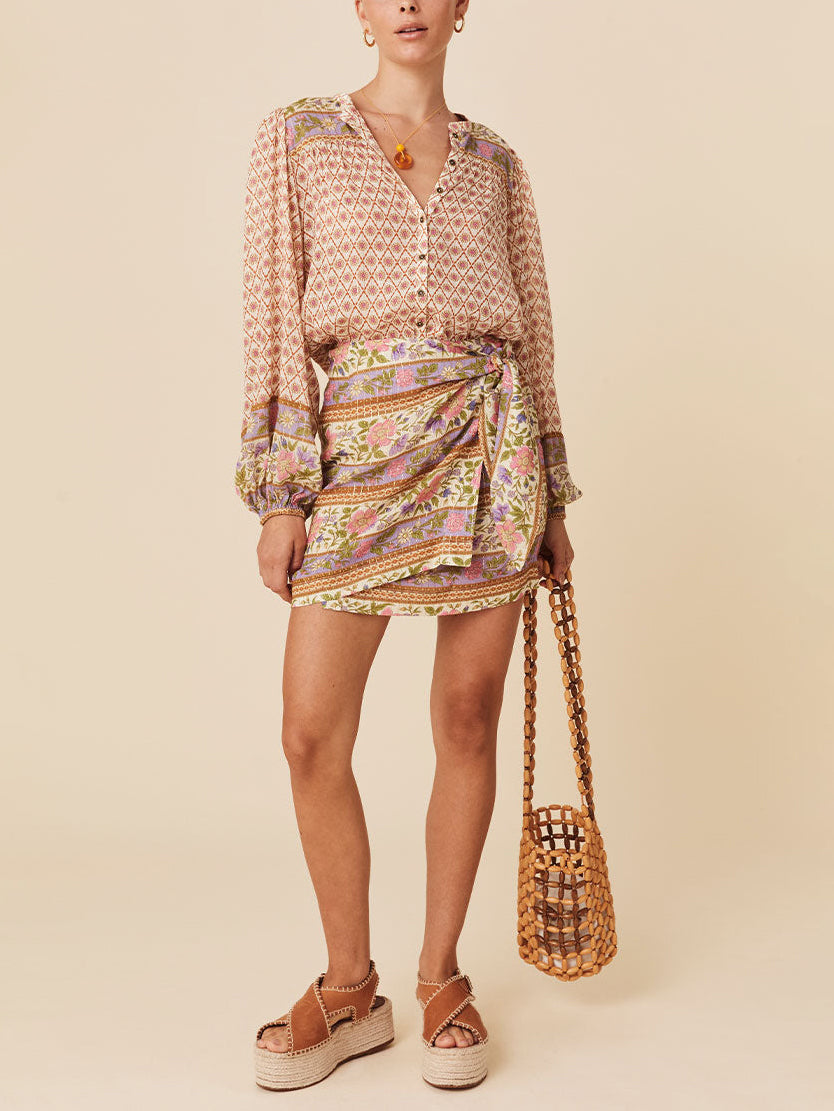 Unique Bohemian Printed Loose Shirt And Tie Skirt Set