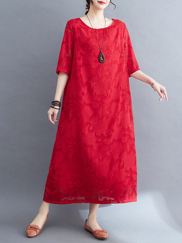 Loose Three-Quarter Sleeves Jacquard See-Through Solid Color Round-Neck Midi Dresses