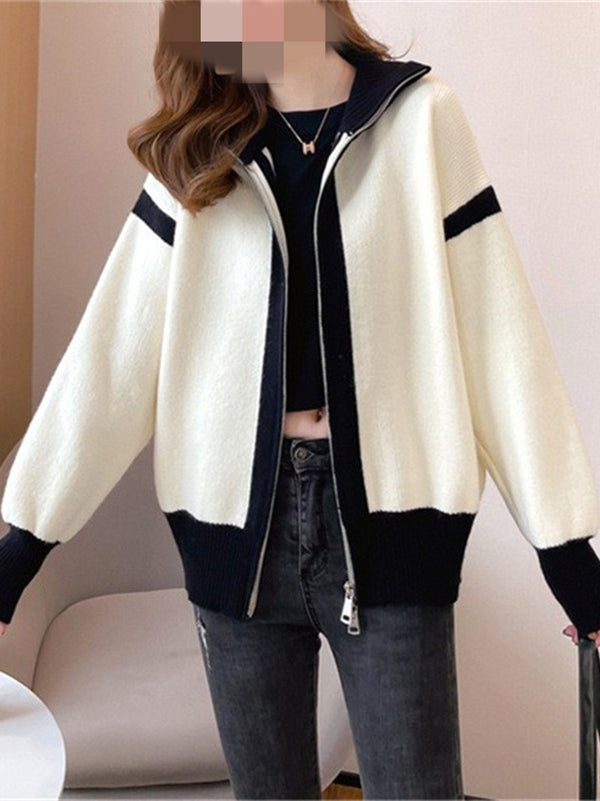 Casual Long Sleeves Contrast Color Zipper Stand Collar Cardigan Tops