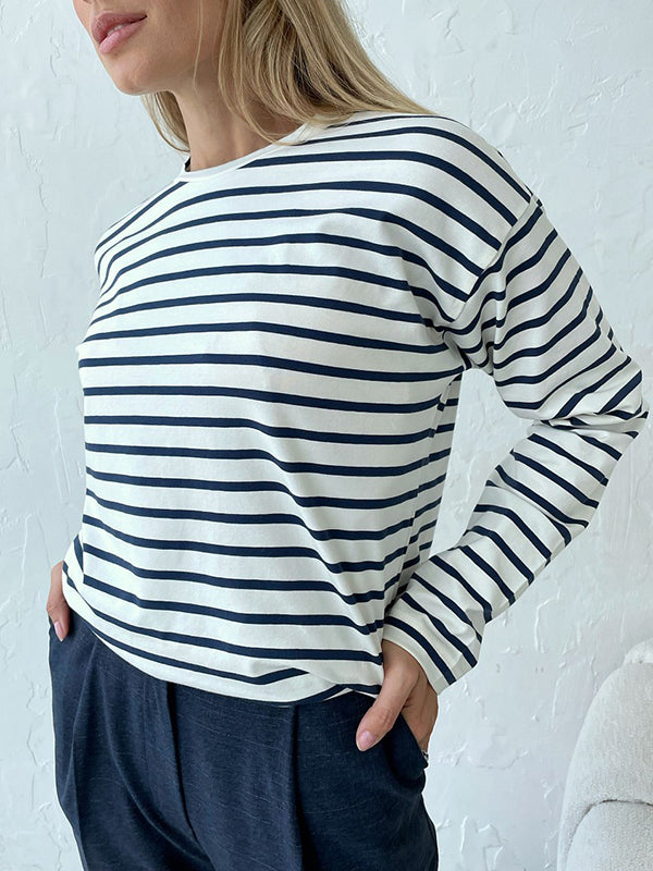 Long Sleeves Loose Striped Round-Neck T-Shirts Tops