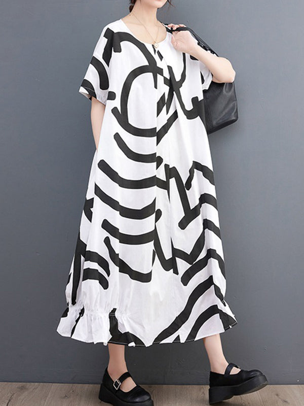 Short Sleeves Loose Abstract Printed Printed Round-Neck Midi Dresses