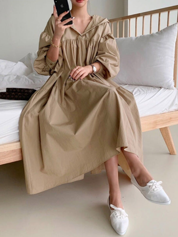 Urban Solid Color Pleated Long Sleeves Hooded Midi Dress