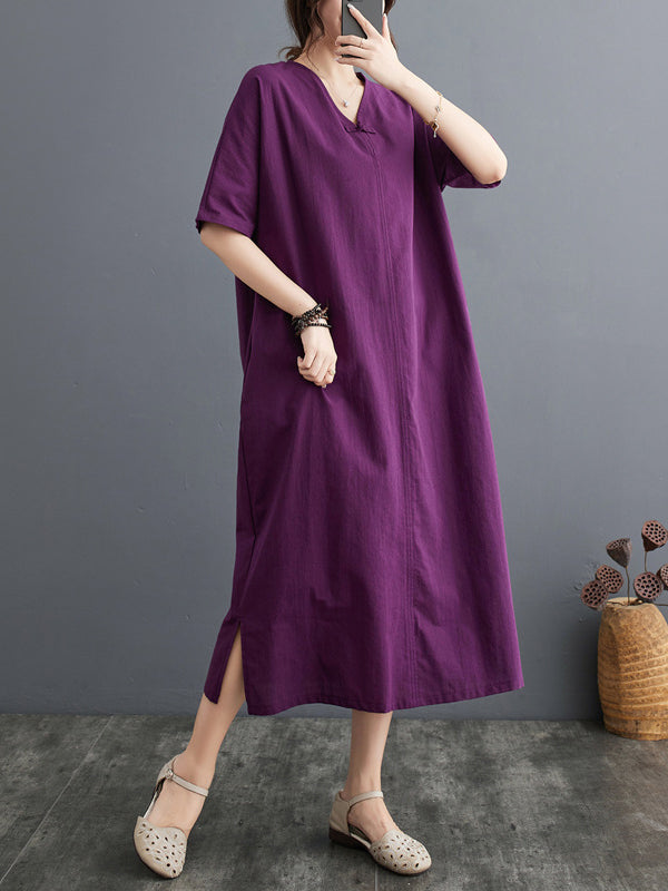 A-Line Loose Chinese Frog Buttons Pockets Solid Color Split-Side V-Neck Midi Dresses