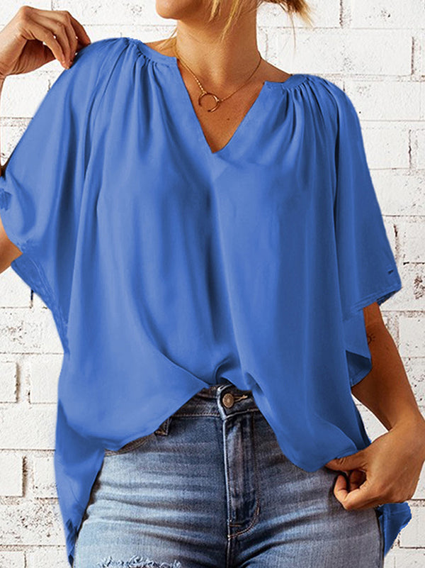 Simple Casual Solid Color Loose Pleated Half Sleeves T-Shirt Top