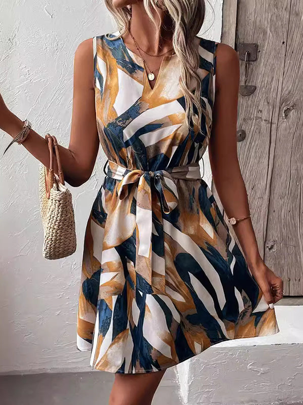 A-Line Loose Printed Tied Waist V-Neck Mini Dresses