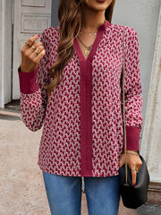 Long Sleeves Loose Printed Split-Joint V-Neck Blouses&Shirts Tops