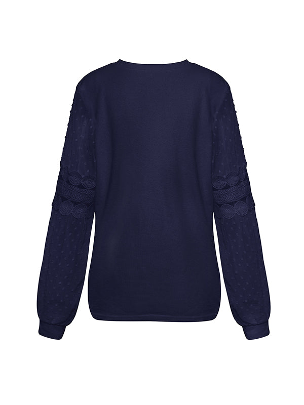 Long Sleeves Puff Sleeves Hollow Solid Color Split-Joint Round-Neck T-Shirts Tops