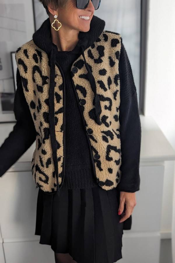 Women's Leopard Print Front Opening Casual Autumn and Winter Vest Jacket