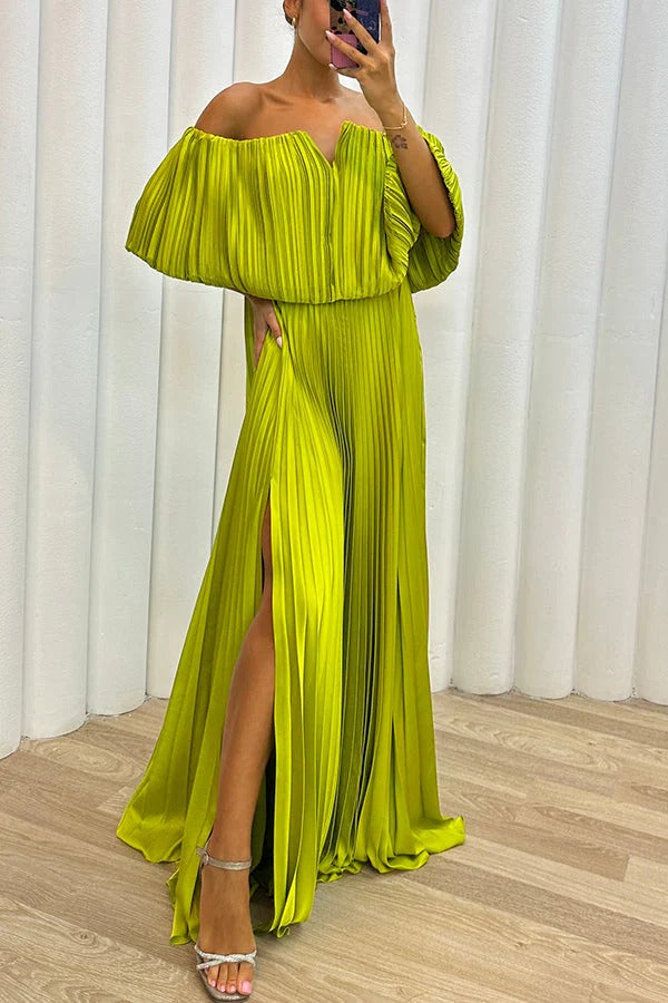 Shelley Pleated Off Shoulder Elastic Waist Slit Maxi Dress