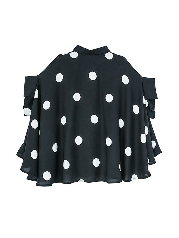 Batwing Sleeves High-Low Polka-Dot Lapel Blouses&Shirts Tops