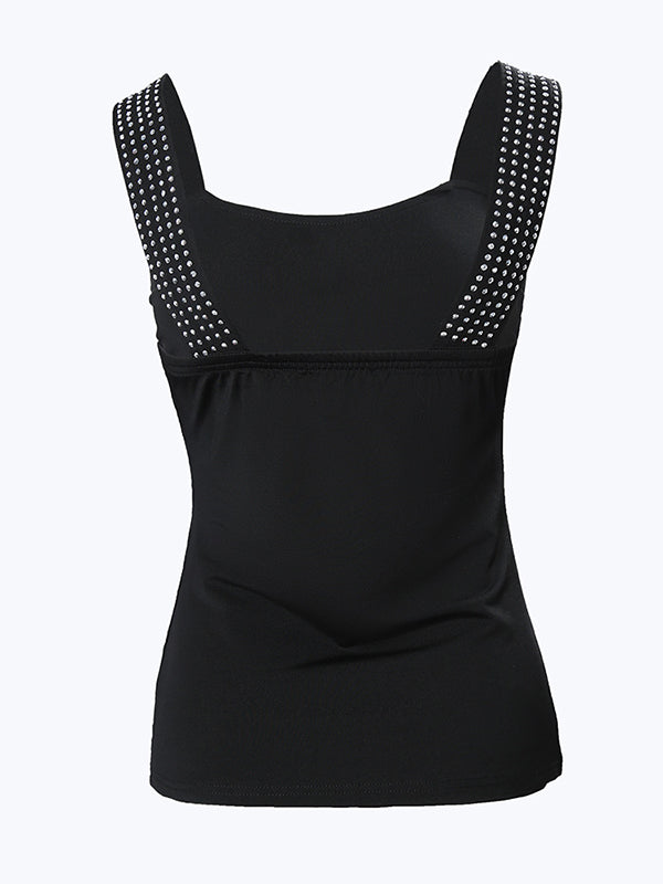 Skinny Sleeveless Elasticity Rhinestone Split-Joint Spaghetti-Neck Vest Top