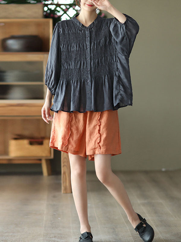 Loose Three-Quarter Sleeves Pleated Solid Color Split-Joint Stand Collar Blouses&Shirts Tops