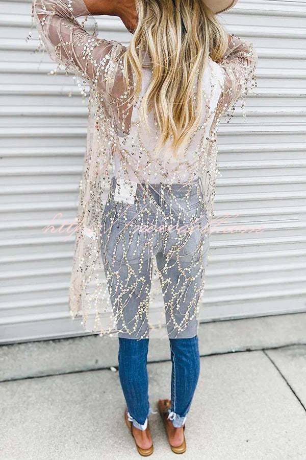 Here for The Party Draped Tassel Sequin Bell Sleeve Loose Kimono