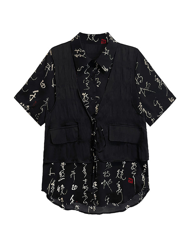 False Two High-Low Lace-Up Printed Split-Joint Tiered Lapel Blouses&Shirts Tops