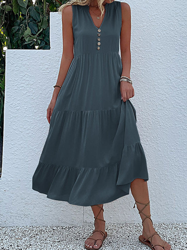 Loose Sleeveless Pleated Split-Joint V-Neck Midi Dresses