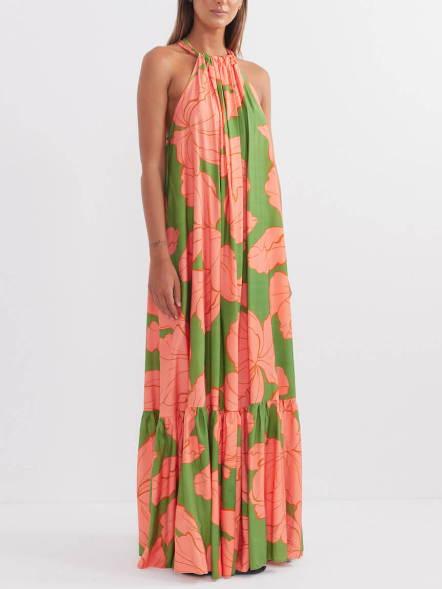 Halter Neck Floral Print Trapeze Layered Maxi Dress