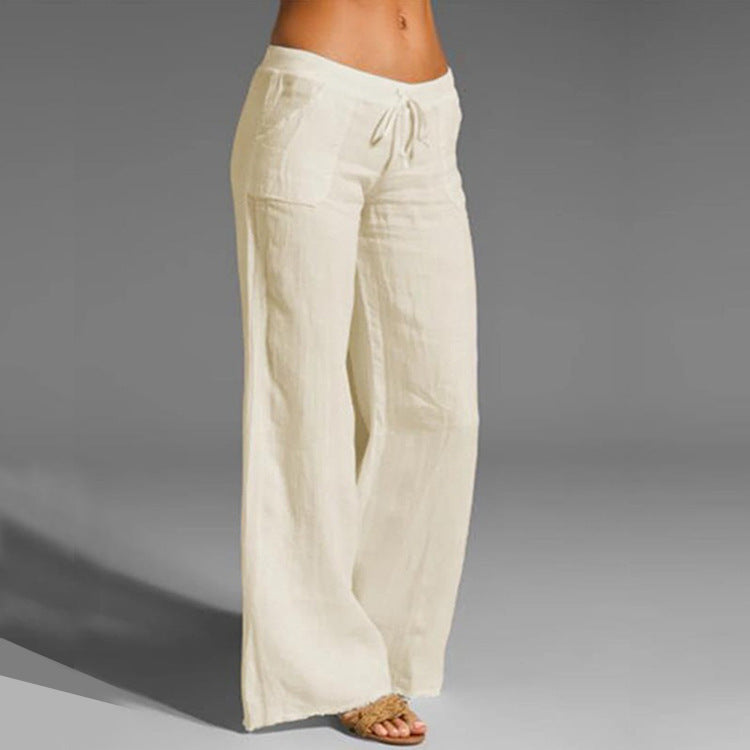 Ladies retro linen trousers casual elastic pants