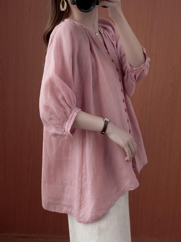 Simple Casual Solid Buttoned Pleated Blouse