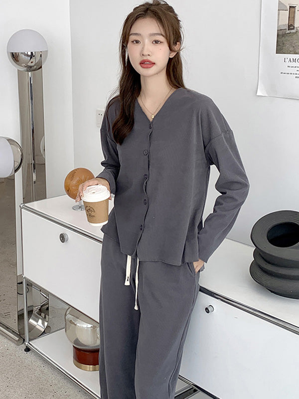 Solid Color Long Sleeves V-Neck Cardigan Tops & Pants Pajamas Set